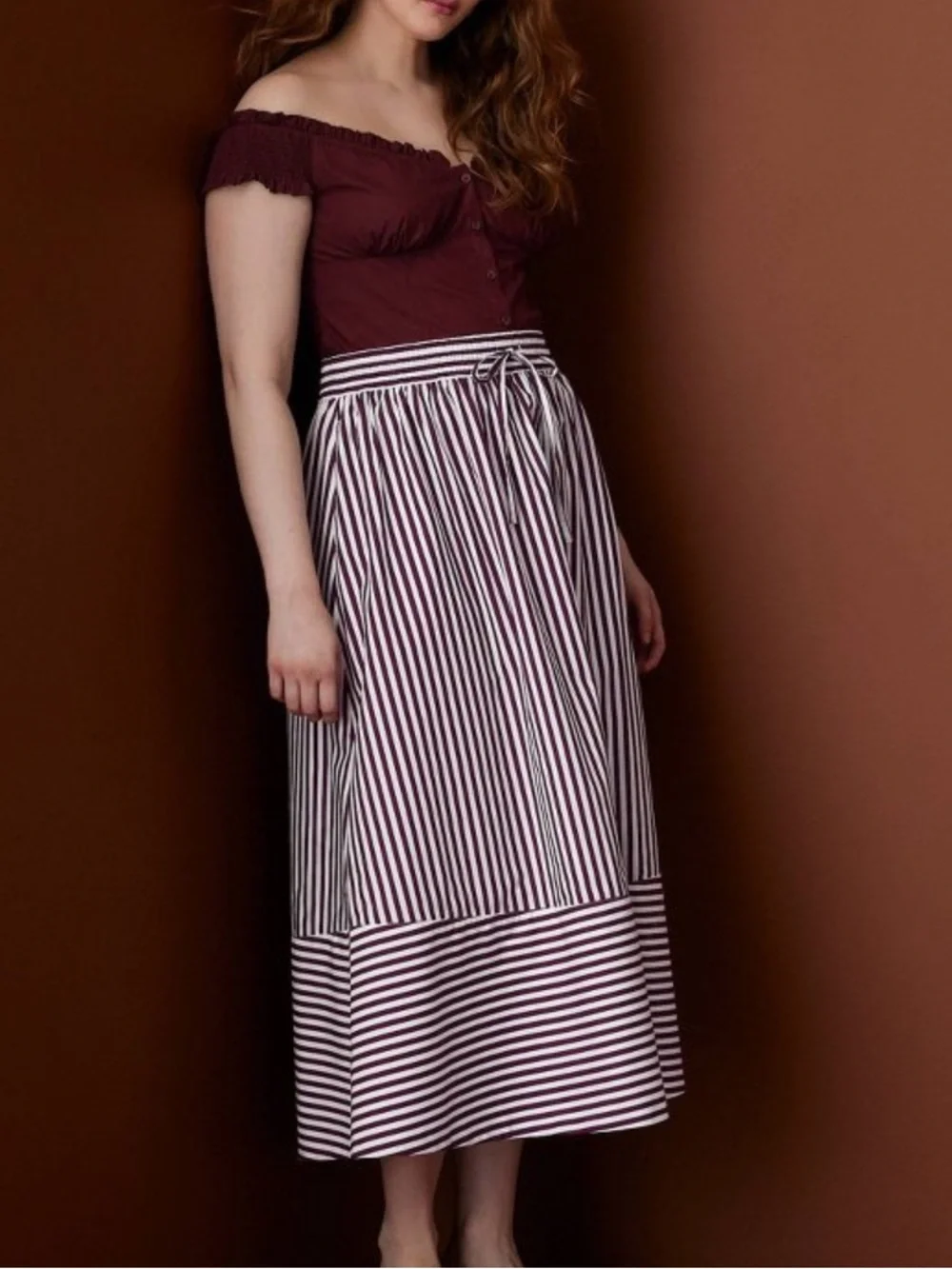 Rosie Assoulin x Target drawstring poplin striped midi skirt burgundy medium new